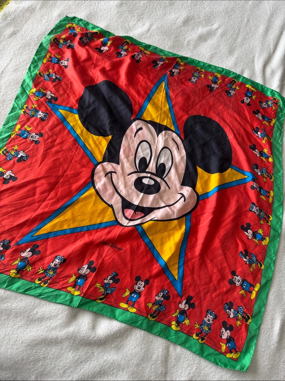 Vintage Disney Mickey Minnie Silk Scarf Red Green Star Graphic Italy Luxurious